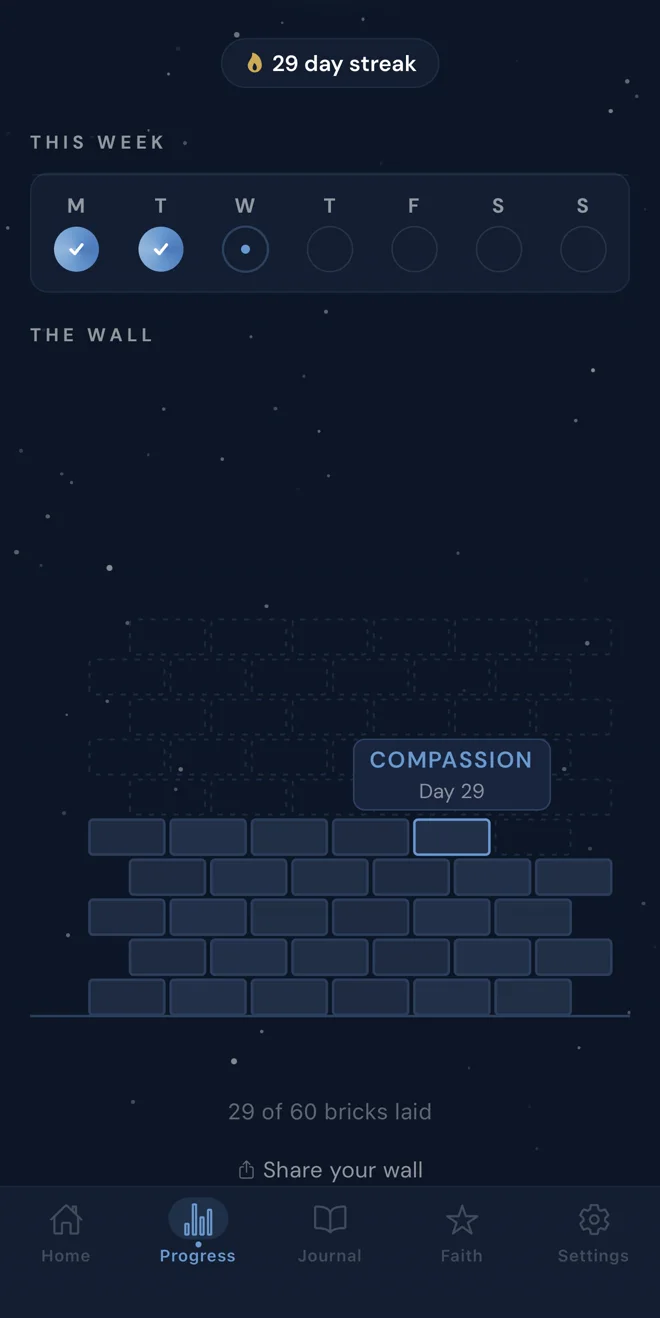 Joseph 60 progress wall showing a 29-day streak
