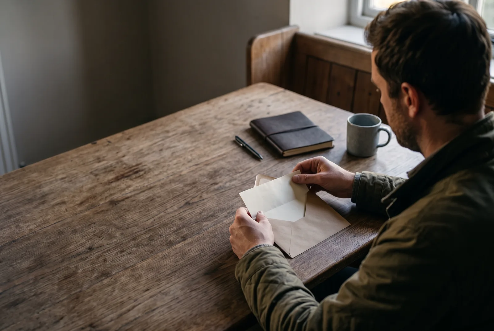 A man placing a private letter into an envelope at a wooden table
