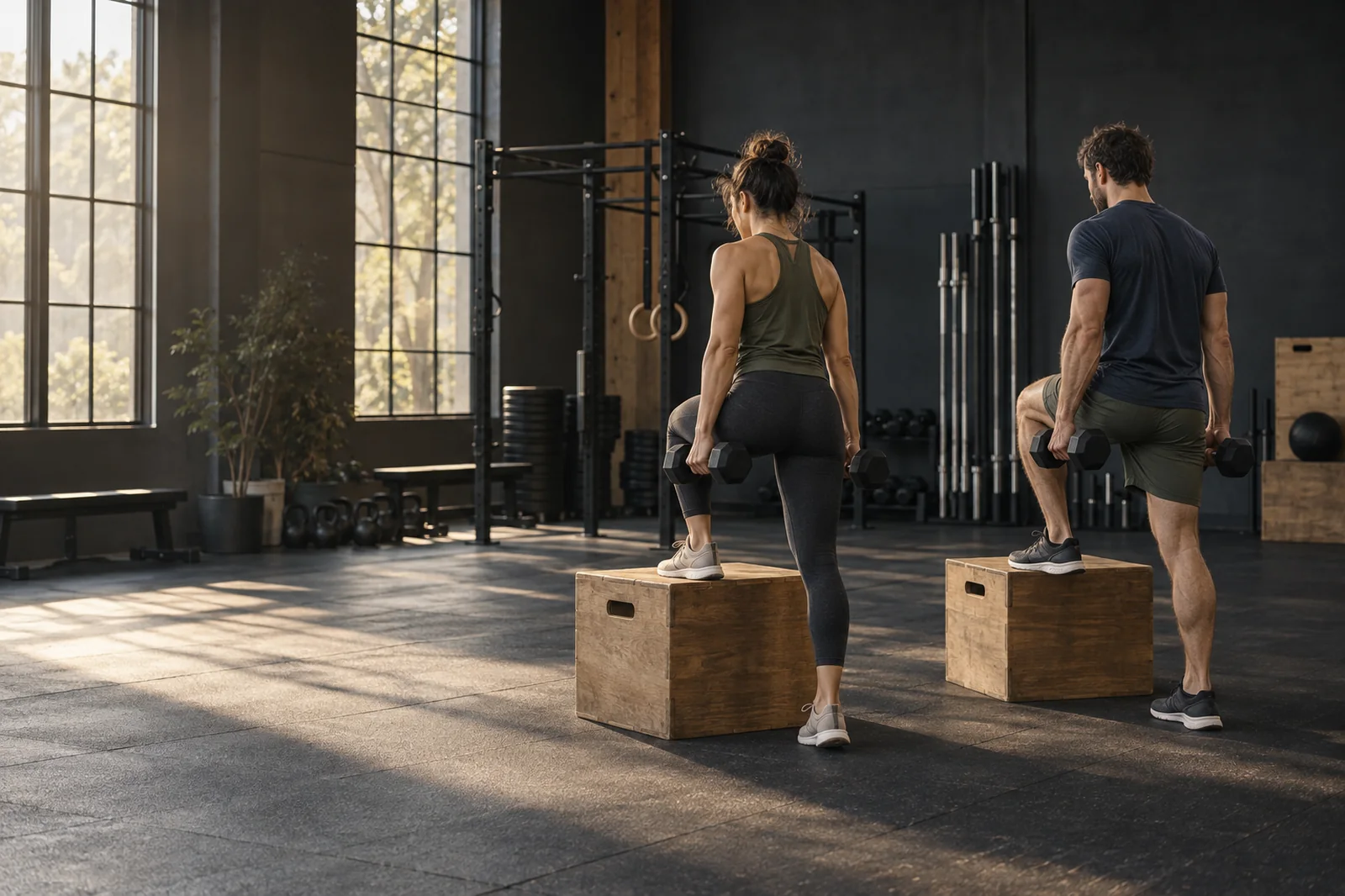 A woman and man completing a strength workout together in a gym