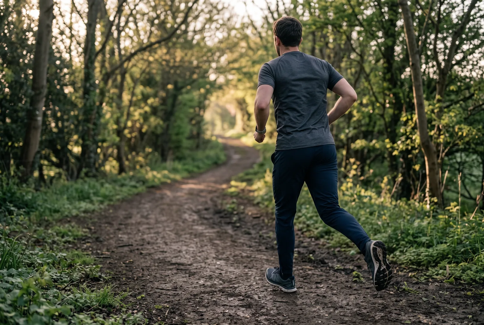 A runner moving uphill on a wooded trail in the morning