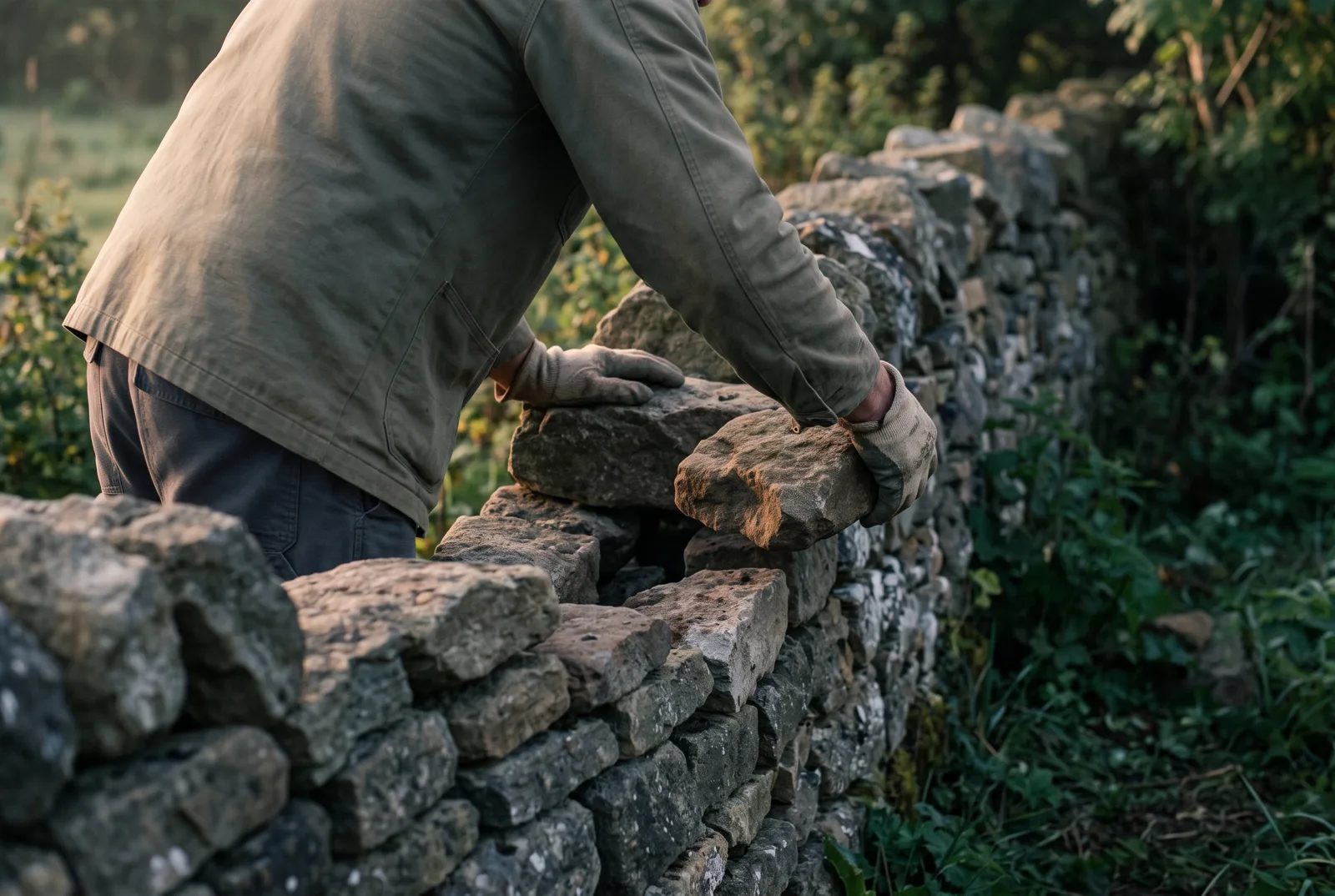 A person carefully placing a stone into a weathered wall